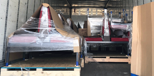 Restaurant seating in the back of a dry van trailer